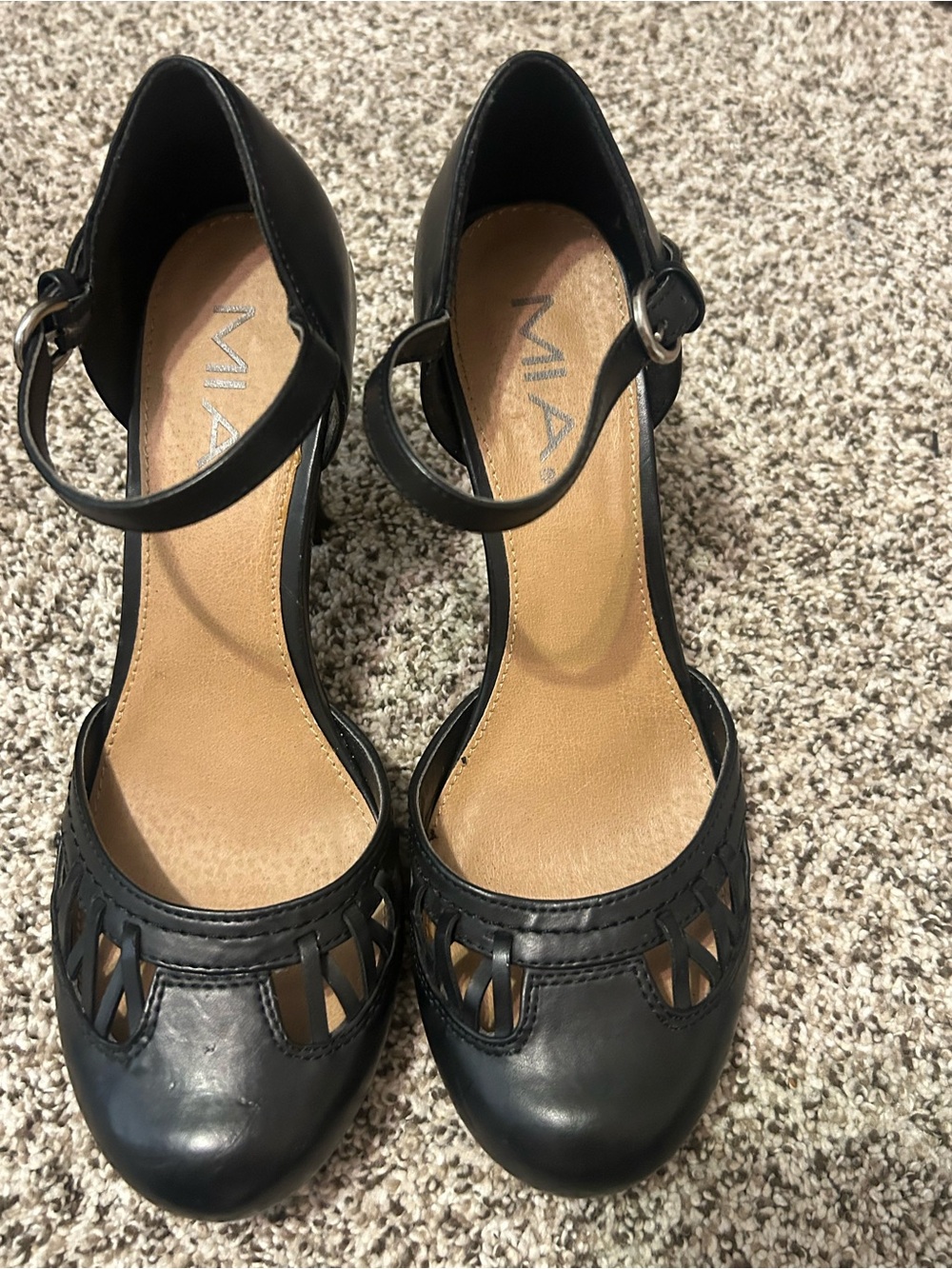 MIA Valencia Black Cutout Ankle-Strap Heels